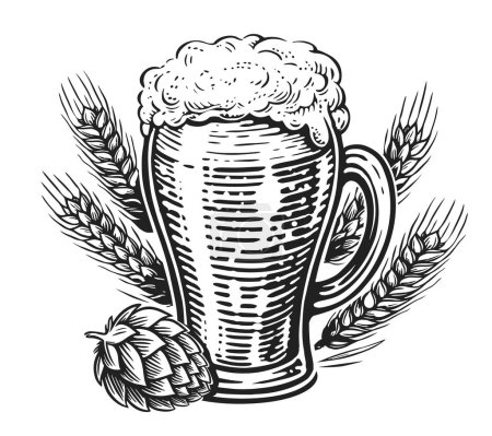 Téléchargez les photos : Tasse à bière dessinée à la main, houblon et blé. Pub ou brasserie, croquis illustration - en image libre de droit