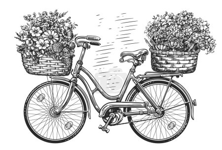 Téléchargez les photos : Vélo rétro avec des fleurs dans des paniers. Vélo floral. Illustration de croquis vintage dessinée à la main - en image libre de droit