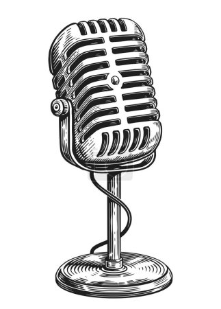 Photo for Hand drawn vintage microphone on stand with cable. Audio equipment for retro broadcasting - Royalty Free Image