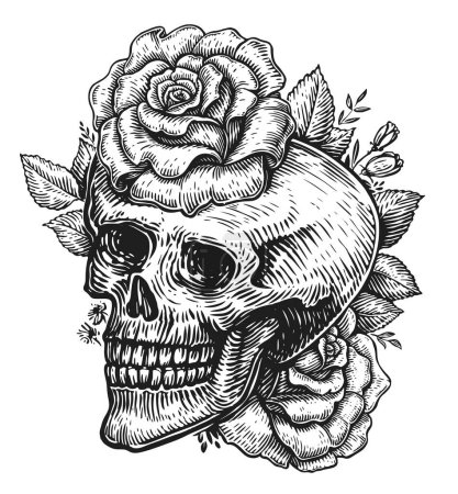 Téléchargez les photos : Crâne humain en fleurs dessinées à la main dans un style de gravure vintage. Roses et tête de squelette. Illustration de croquis - en image libre de droit