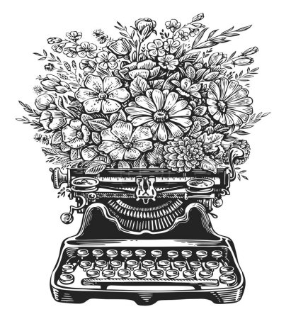 Téléchargez les photos : Machine à écrire rétro et illustration de fleurs. Machine d'équipement vintage avec boutons clavier - en image libre de droit