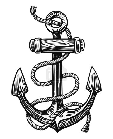 Téléchargez les photos : Croquis dessiné à la main de l'ancre nautique du navire avec corde. Illustration vintage - en image libre de droit