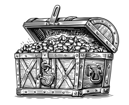 Photo for Treasure chest. Wealth of gold coins and precious stones. Hand drawn vntage sketch illustration - Royalty Free Image