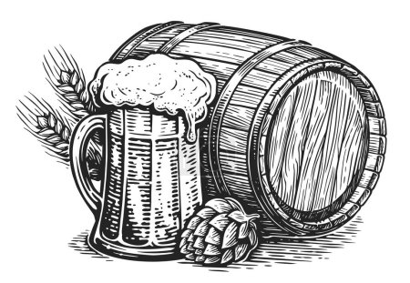 Téléchargez les photos : Tasse et tonneau de bière dessinés à la main. Pub, brasserie illustration croquis style - en image libre de droit