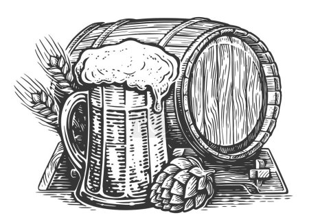 Téléchargez les photos : Tasse à bière dessinée à la main et fût en bois. Style de gravure d'illustration croquis vintage - en image libre de droit
