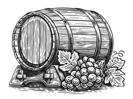 Foto de Barrica de madera y uvas. Esbozo de barrica de roble. Estilo grabado ilustración vintage dibujado a mano - Imagen libre de derechos