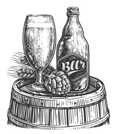 Foto de Botella de cerveza con un vaso lleno de cerveza. Concepto de pub, ilustración de bocetos - Imagen libre de derechos