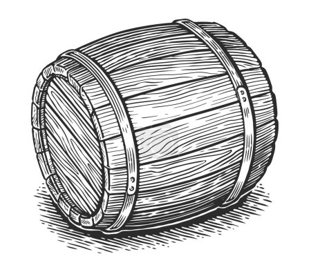 Foto de Barrica de madera vieja para vino, whisky, cerveza, ron, champán con anillos de acero. Dibujo del boceto - Imagen libre de derechos