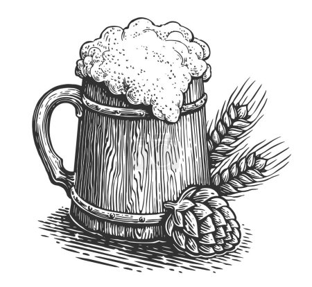 Téléchargez les photos : Tasse avec de la bière fraîchement brassée versée à ras bord avec de la mousse coulant. Croquis dessin vintage - en image libre de droit