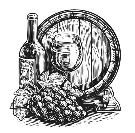 Photo for Bottle with glass and grapes on background of wooden barrel. Wine still life. Sketch clipart - Royalty Free Image