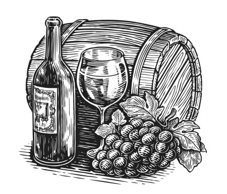 Photo for Bottle with glass of wine drink and grapes on background of wooden cask. Sketch clipart vintage illustration - Royalty Free Image