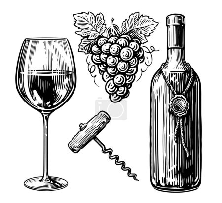 Téléchargez les photos : Bouteille, verre avec boisson au vin, tire-bouchon et raisins. Concept de vin. Clipart croquis ensemble de dessin - en image libre de droit