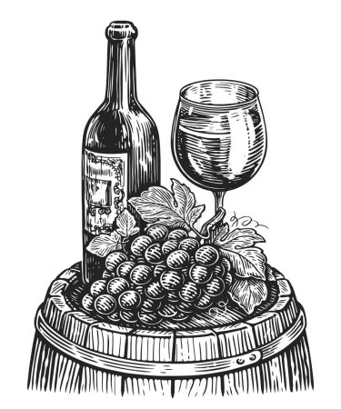 Photo for Bottle of wine with a glass and grapes on wooden barrel. Winery concept. Sketch drawing clipart - Royalty Free Image