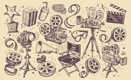 Colección de producción cinematográfica. La industria cinematográfica concepto retro. Establecer elementos sobre el tema del cine. Ilustración de vector Vintage