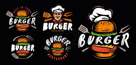 Ensemble d'emblème burger. Étiquettes, enseignes, symboles, icônes et éléments de design pour menu restaurant ou café. Illustration vectorielle
