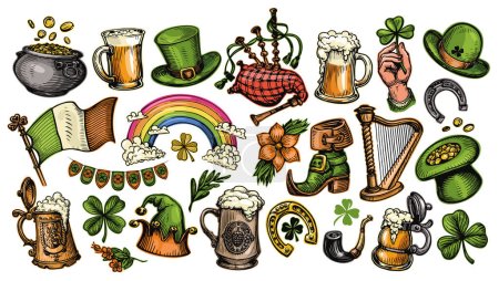 Illustration for Patricks day symbols or badges collection. Set design elements for Irish holiday decoration. Color vector illustration - Royalty Free Image