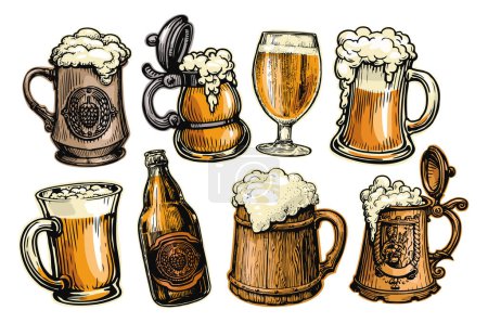 Cerveza vector conjunto. Colección de vasos, tazas y botellas con bebidas alcohólicas para el diseño de menú de restaurante o pub