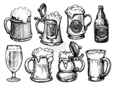 Illustration for BEER set for restaurant or pub menu design. Hand drawn sketch vector illustration in vintage engraving style - Royalty Free Image