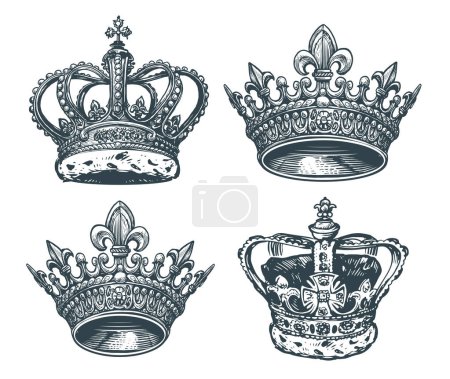 Corona real dorada con gemas. Rey, símbolo de reina. Ilustración vectorial dibujada a mano en estilo grabado vintage