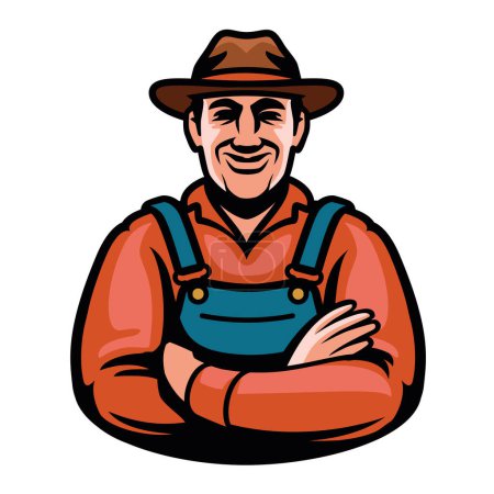 Illustration for Happy farmer in hat and overalls emblem or logo. Farm worker symbol. Farming, agriculture concept. Vector illustration - Royalty Free Image