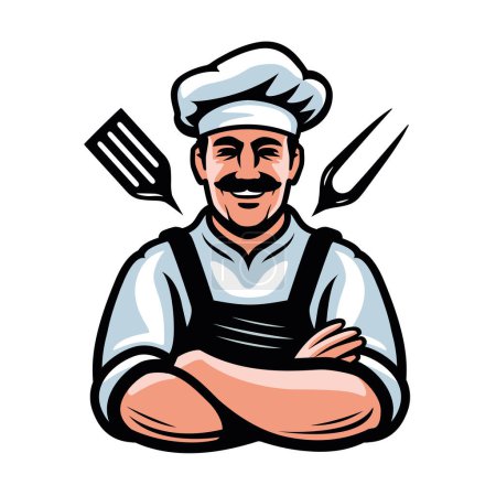 Illustration for Happy attractive cook cartoon. Handsome male chef illustration. Restaurant, cooking food emblem vector illustration - Royalty Free Image