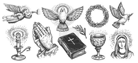 Ilustración de Fe en Dios, concepto. Colección de símbolos bíblicos dibujados a mano en estilo grabado vintage. Dibujo vector ilustración - Imagen libre de derechos