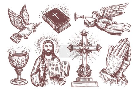 Ilustración de Santa Biblia, manos dobladas en oración, boceto de ángel. Conjunto de símbolos de religión. Colección de ilustraciones vectoriales vintage - Imagen libre de derechos