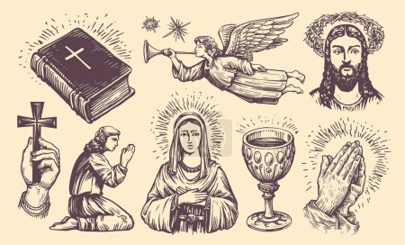Ilustración de Dibujo de la colección de símbolos bíblicos. Concepto religioso vector. Ilustración dibujada a mano en estilo grabado vintage - Imagen libre de derechos