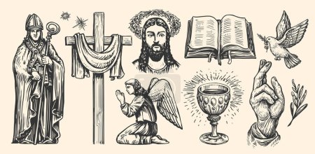 Religion symbols set. Hand drawn icon collection in vintage engraving style. Faith in God, sketch vector illustration