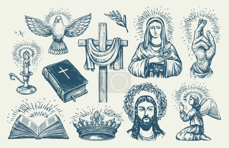 Ilustración de Los símbolos de la religión establecen el bosquejo. Motivos bíblicos. Espiritualidad cruzada, catolicismo, cristiandad elementos religiosos - Imagen libre de derechos