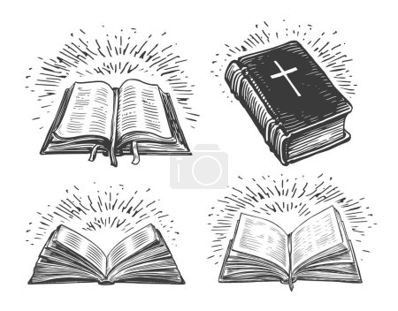 Libro boceto de la Santa Biblia. Símbolo religioso de la fe en Dios. Iglesia, concepto de adoración. Ilustración de vector Vintage