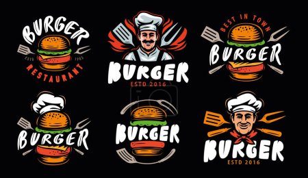 Téléchargez les illustrations : Burger, logo de la restauration rapide. Ensemble d'étiquettes ou d'insignes pour restaurant ou café design de menu. Illustration vectorielle - en licence libre de droit
