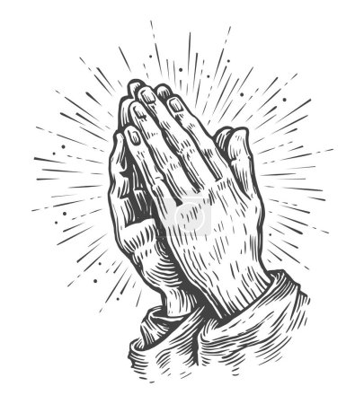 Ilustración de Manos incompletas rezando con un rayo de sol. Dos manos en pose de oración. Adoración, símbolo de oración. Dibujo ilustración vector vintage - Imagen libre de derechos