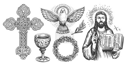 Ilustración de Bosquejo conceptual de Fe en Dios. Adoración, iglesia, símbolos religiosos en estilo grabado vintage. Ilustración vectorial - Imagen libre de derechos