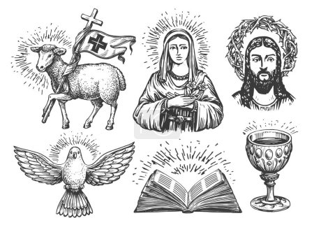 Illustration for Holy Grail, Jesus with crown of thorns, open Holy Bible, Virgin Mary, Dove heavenly messenger, Sheep symbol Catholicism - Royalty Free Image