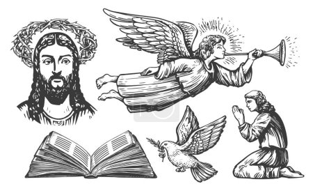 Ilustración de Ángel mensajero. Paloma voladora con rama de olivo. Jesucristo con corona de espinas. El creyente reza a Dios de rodillas - Imagen libre de derechos