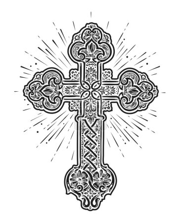 Illustration for Shining ornate Christian Cross. Church sign. Symbol of faith in God. Sketch vintage vector illustration - Royalty Free Image
