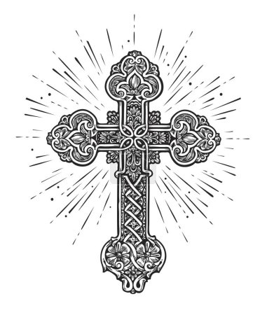 Illustration for Ornate Christian Cross. Church, Faith in God, Christianity religion symbol. Illustration in vintage engraving style - Royalty Free Image