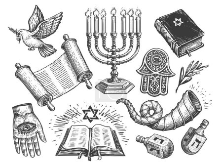 Illustration for Jewish set sketch. Religion concept vintage vector illustration. Torah scroll, Menorah, Shofar, Miriam hand symbols - Royalty Free Image