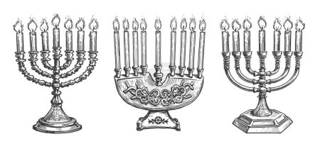 Illustration for Jewish menorah with burning candles sketch. Religious symbol of Judaism. Vintage vector illustration - Royalty Free Image