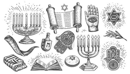 Ensemble juif. Religion concept vintage croquis vectoriel illustration. Éléments de collection pour la décoration des fêtes religieuses