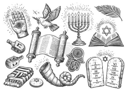 Téléchargez les illustrations : Ensemble juif. Religion concept croquis vectoriel illustration. Rouleau de la Torah, Menorah, Shofar, Tablettes avec commandements - en licence libre de droit