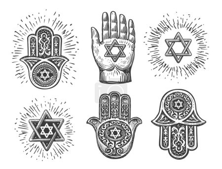 Illustration for Set traditional Jewish Hamsa amulets, hand of Miriam, hand with six-pointed star of David. Vintage vector illustration - Royalty Free Image