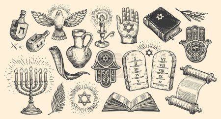 Illustration for Jewish holiday object signs collection. Menorah, Torah scroll, Dreidel, David Star, Hamsa symbols. Vector illustration - Royalty Free Image