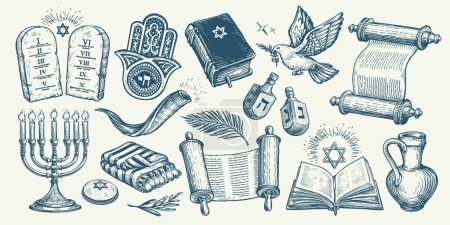 Jewish religious items set. Torah scroll, Menorah, Tablets, Miriam hand. Religion concept vintage vector illustration