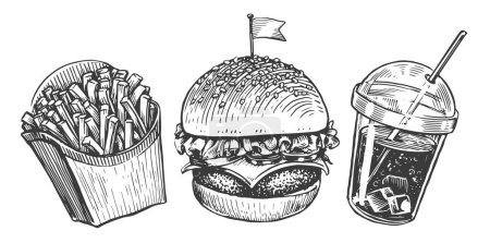 Ilustración de Set de comida rápida vintage. Hamburguesa, papas fritas y cola con hielo en bocetos de taza. Ilustración vectorial en estilo retro - Imagen libre de derechos