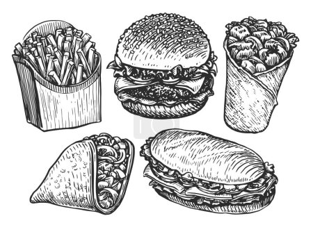 El bosquejo de comida rápida. Hamburguesa, papas fritas, burrito, sándwich, tacos. Comida callejera, ilustración vectorial concepto de comida para llevar