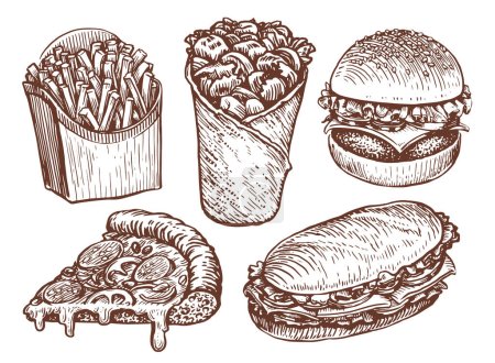 Ilustración de Productos de comida rápida. Papas fritas, burrito, hamburguesa, sándwich, bocetos de pizza. Conjunto de menú de restaurante o restaurante. Ilustración vectorial - Imagen libre de derechos