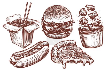 Illustration for FAST FOOD concept vector. Burger, sandwich, nuggets, pizza, wok noodles, hot dog sketches. Restaurant or diner menu set - Royalty Free Image