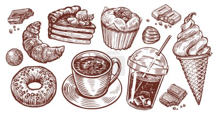 Téléchargez les illustrations : Thé tasse, gâteau, beignet, cola, cône de crème glacée, bonbons au chocolat, croquis de café. Dessert, set d'aliments sucrés illustration rétro - en licence libre de droit